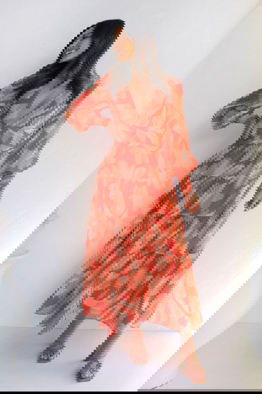 Casual Printed Long Sleeve V Neck Swing Dress Maxi Dress