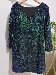 Casual V neck Long Sleeved Green Stretch Sequ Dress