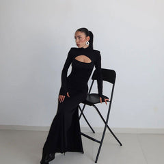 Vestido maxi de color liso ajustado de manga larga con abertura en el pecho y abertura