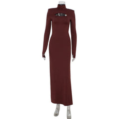 Vestido maxi de color liso ajustado de manga larga con abertura en el pecho y abertura