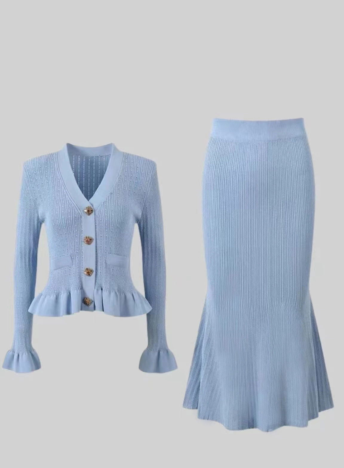 Classic Ruffled V neck Hip Small Fishtail with dress Set