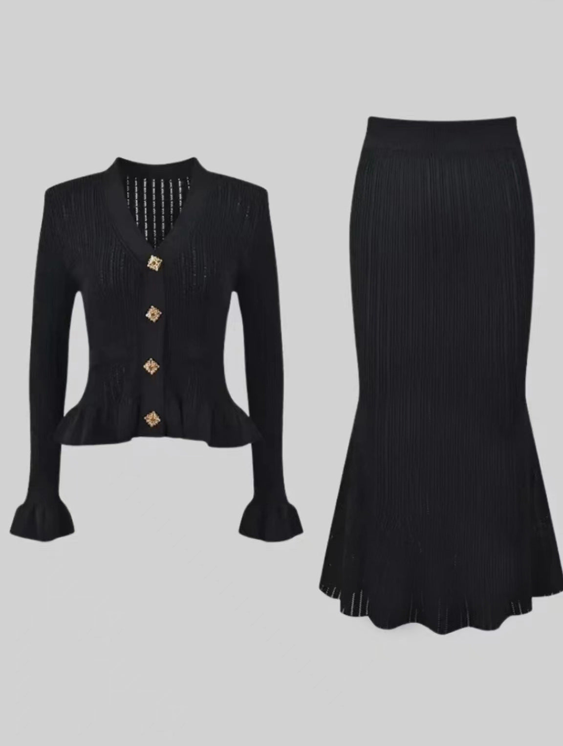 Classic Ruffled V neck Hip Small Fishtail with dress Set