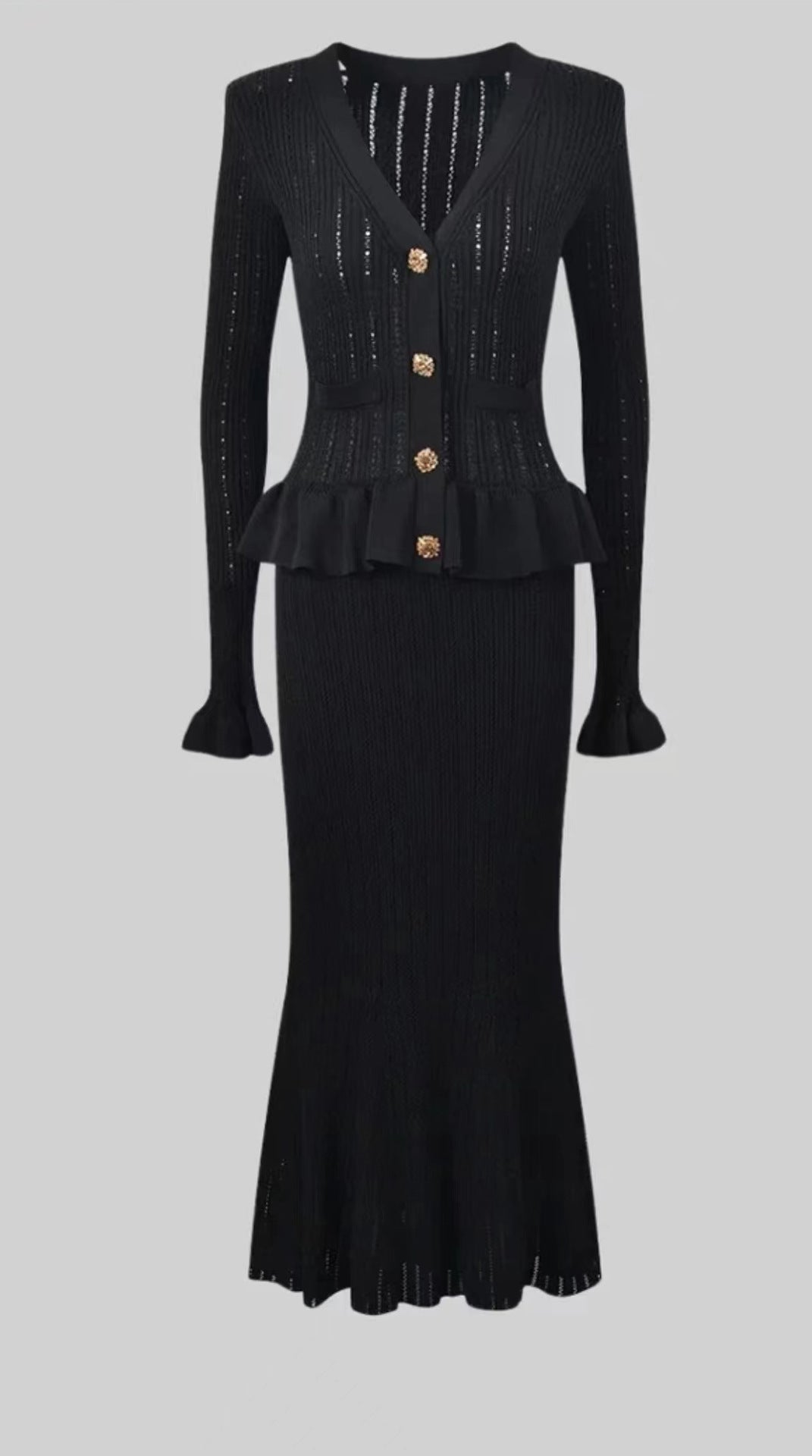 Classic Ruffled V neck Hip Small Fishtail with dress Set
