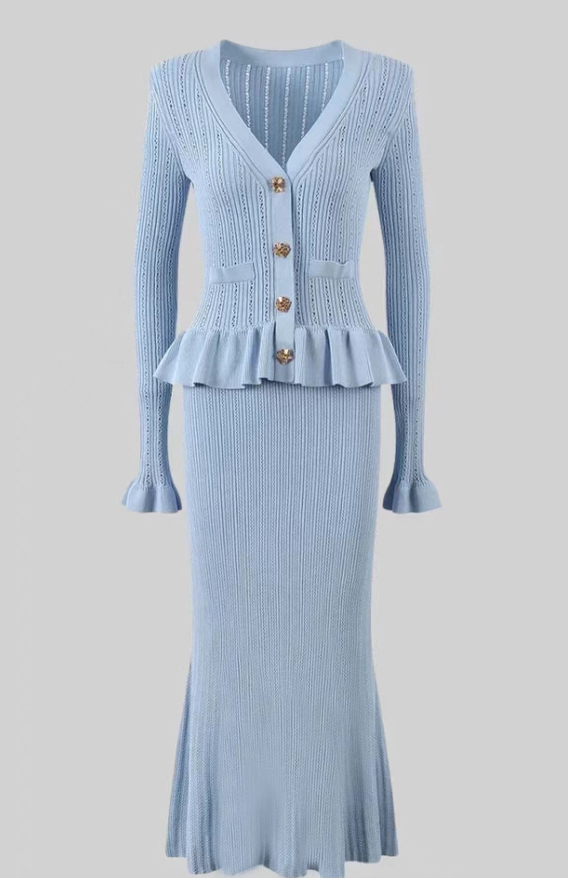 Classic Ruffled V neck Hip Small Fishtail with dress Set