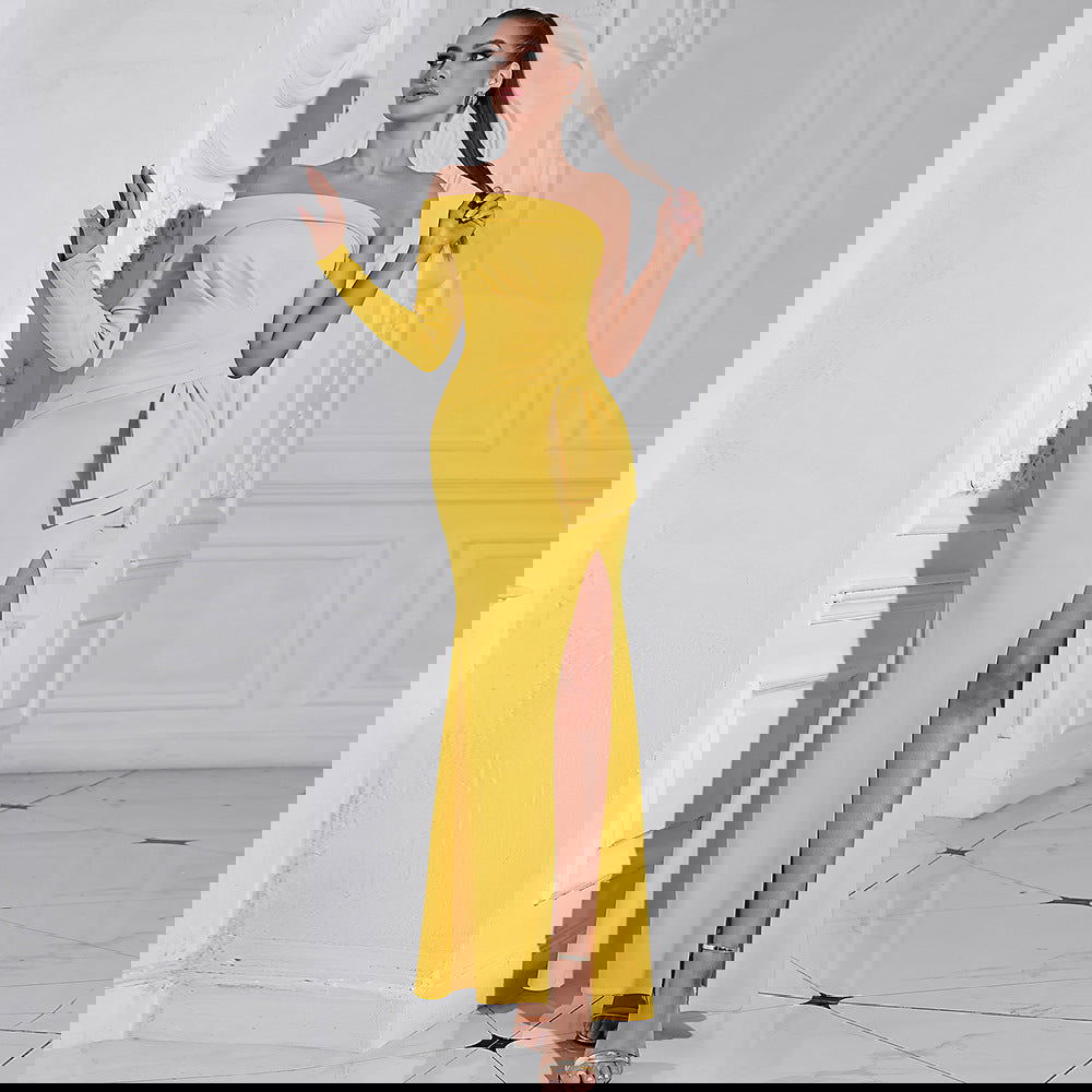 Vestido elegante de color liso con abertura en la cadera, cuello diagonal, un hombro, manga larga