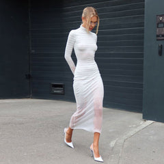 Dress Knitted Long Sleeved Slim Striped See through Dress
