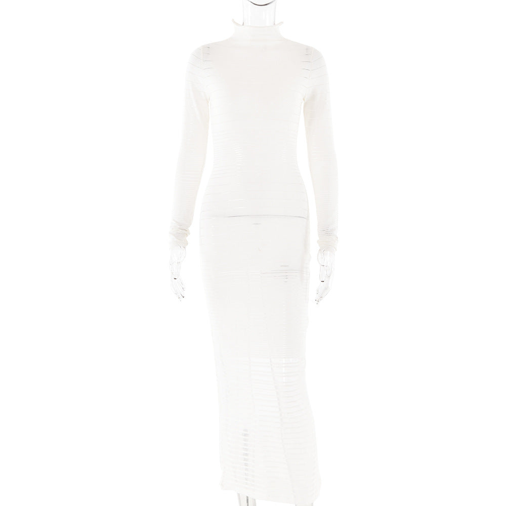 Dress Knitted Long Sleeved Slim Striped See through Dress