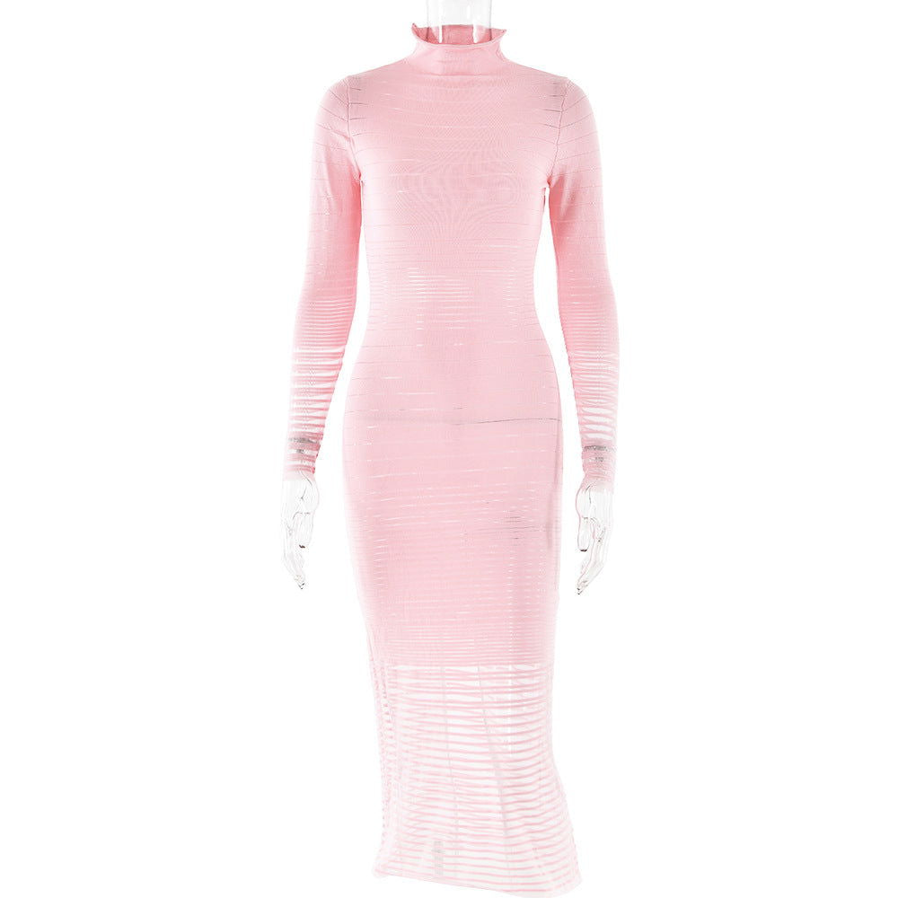 Dress Knitted Long Sleeved Slim Striped See through Dress
