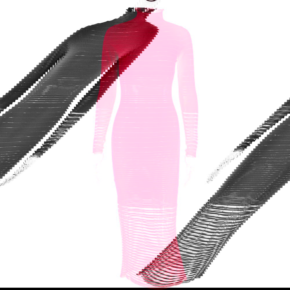 Dress Knitted Long Sleeved Slim Striped See through Dress