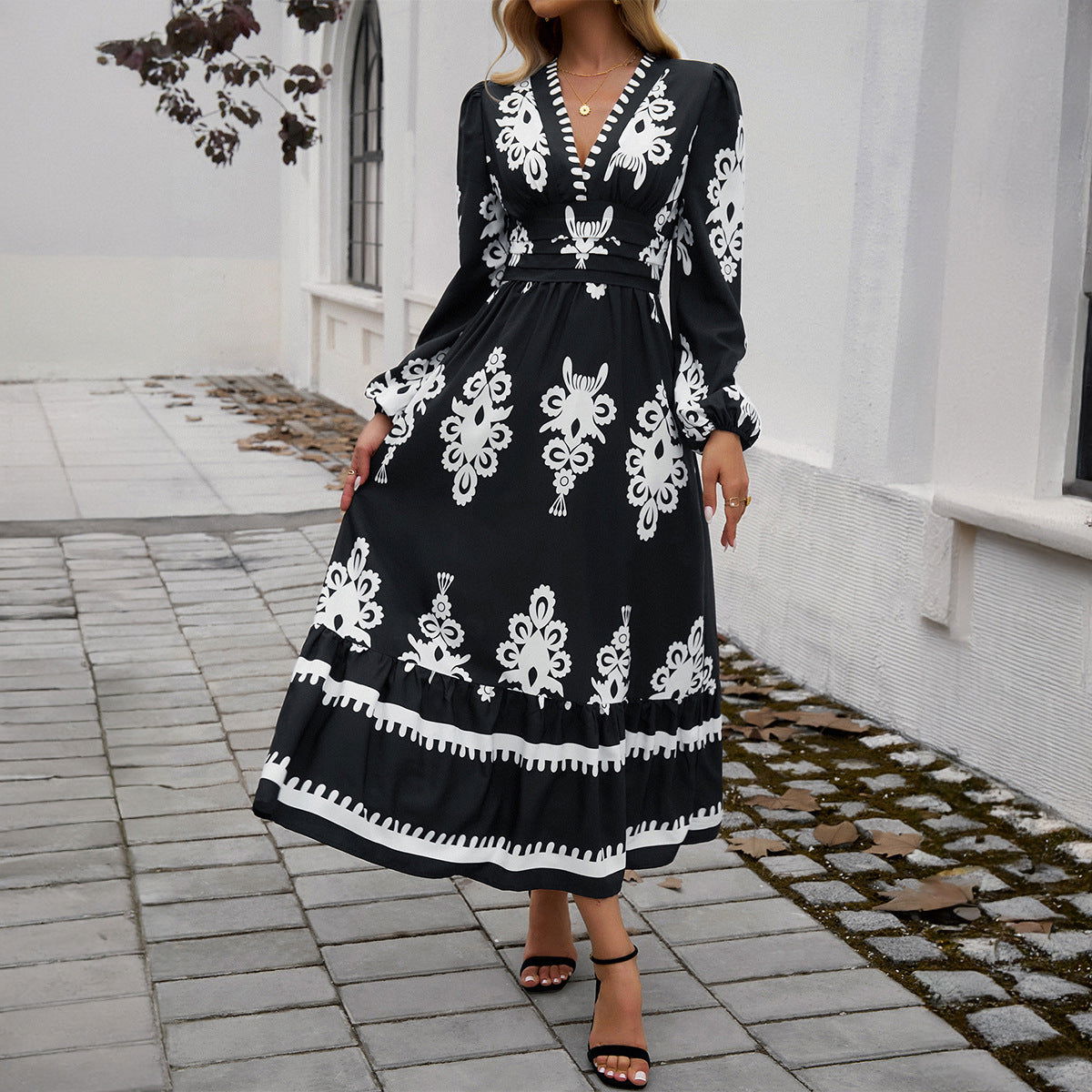 Elegant Printed V Neck A Line Dress