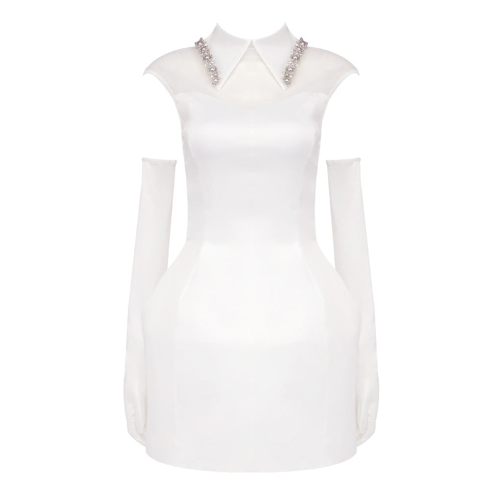 Elegant Pure White Satin Mesh Dress Slim Gloves Petti