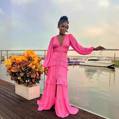 Elegant Stitching Long Sleeve V Neck Dress