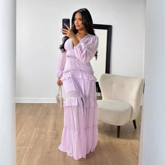 Elegant Stitching Long Sleeve V Neck Dress