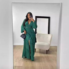 Elegant Stitching Long Sleeve V Neck Dress