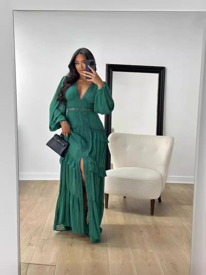 Elegant Stitching Long Sleeve V Neck Dress