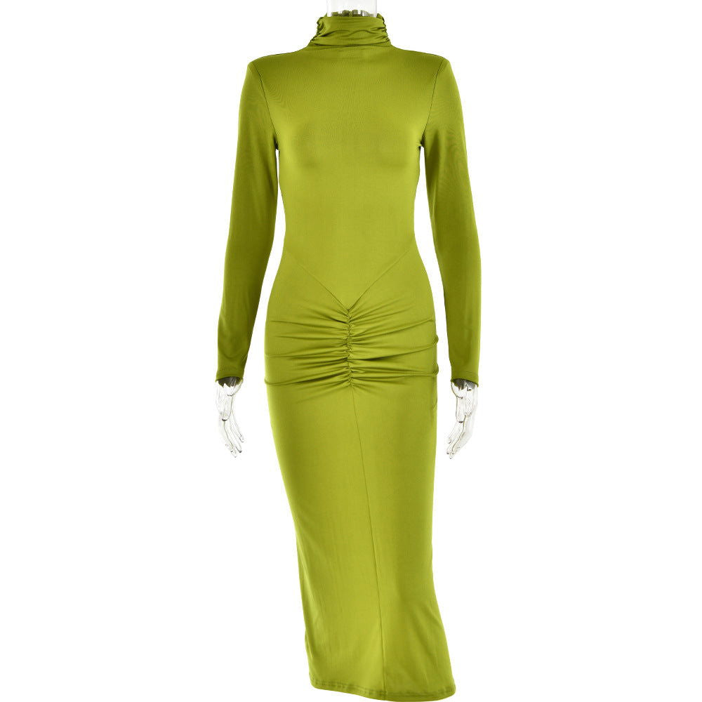Half High Collar Long Sleeves Dress Elegant Bodycon Maxi Dress for