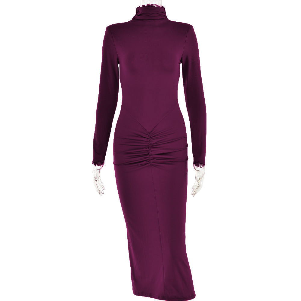 Half High Collar Long Sleeves Dress Elegant Bodycon Maxi Dress for