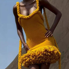 Twine Rope Shoulder Strap Tassel Dress Swing Short Dress