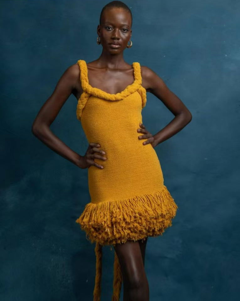 Twine Rope Shoulder Strap Tassel Dress Swing Short Dress