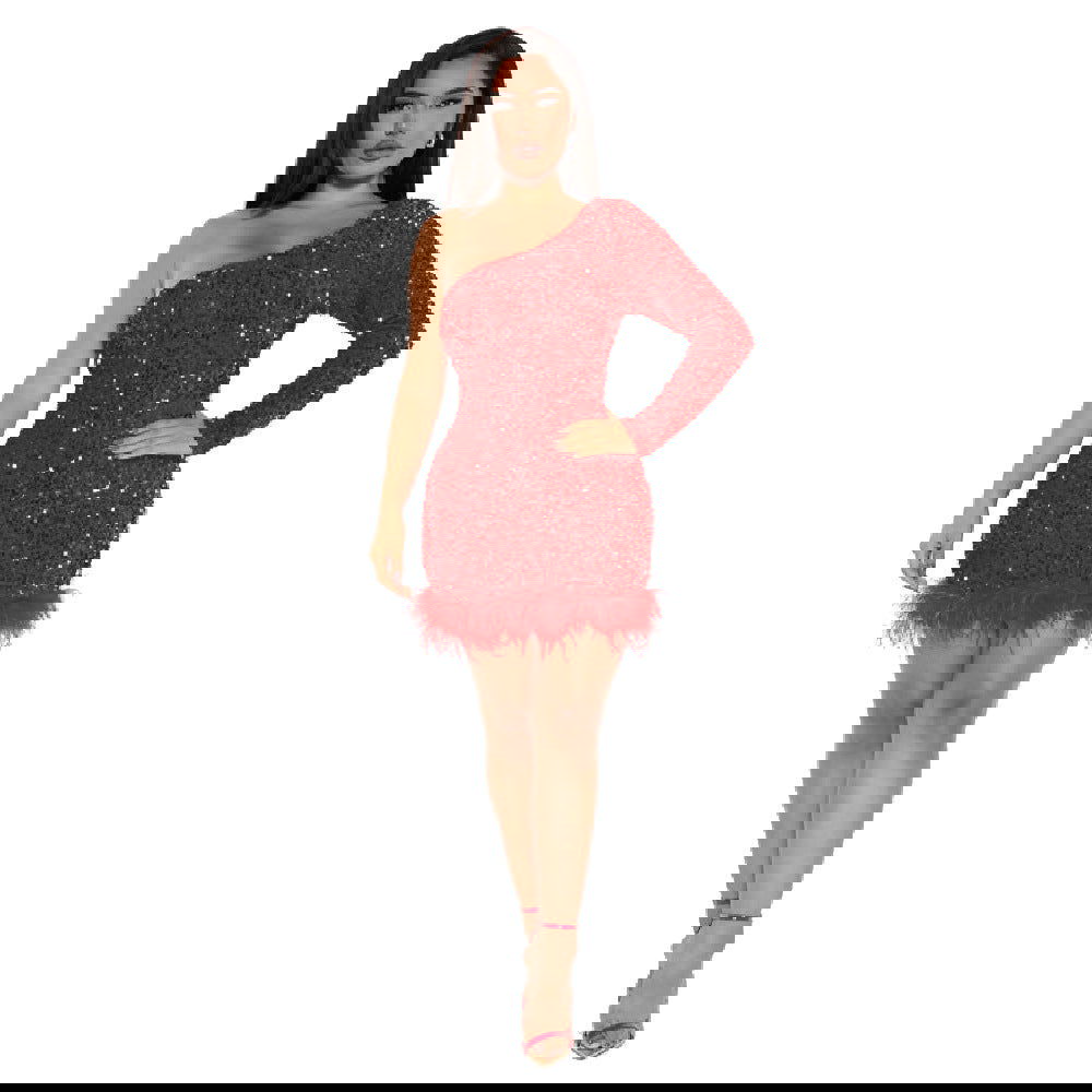 Vestido de plumas con lentejuelas y manga larga de un solo lado con hombros descubiertos