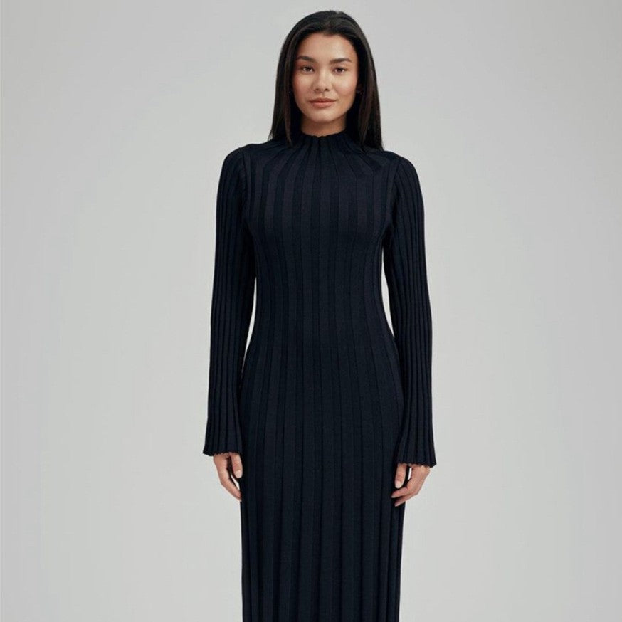 Knitted Dress Casual Waist Tight round Neck Large Pit High Collar Slimming Knitted Maxi Dress for