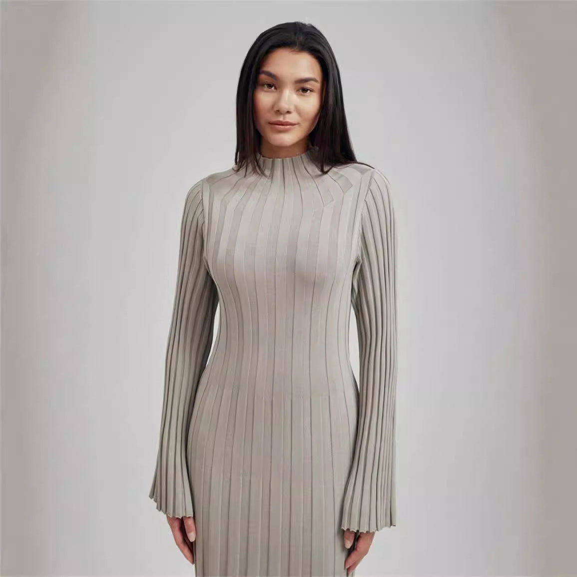 Knitted Dress Casual Waist Tight round Neck Large Pit High Collar Slimming Knitted Maxi Dress for