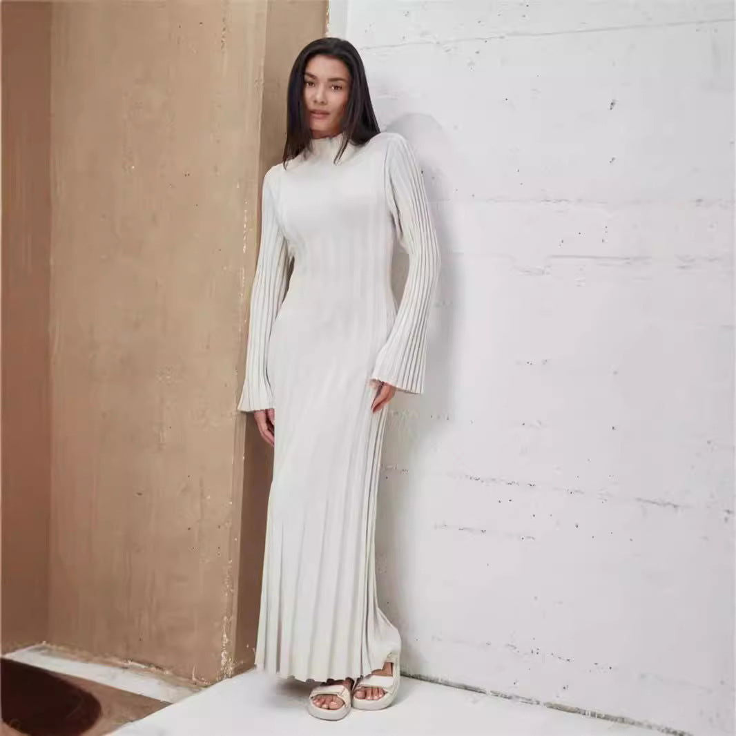 Knitted Dress Casual Waist Tight round Neck Large Pit High Collar Slimming Knitted Maxi Dress for