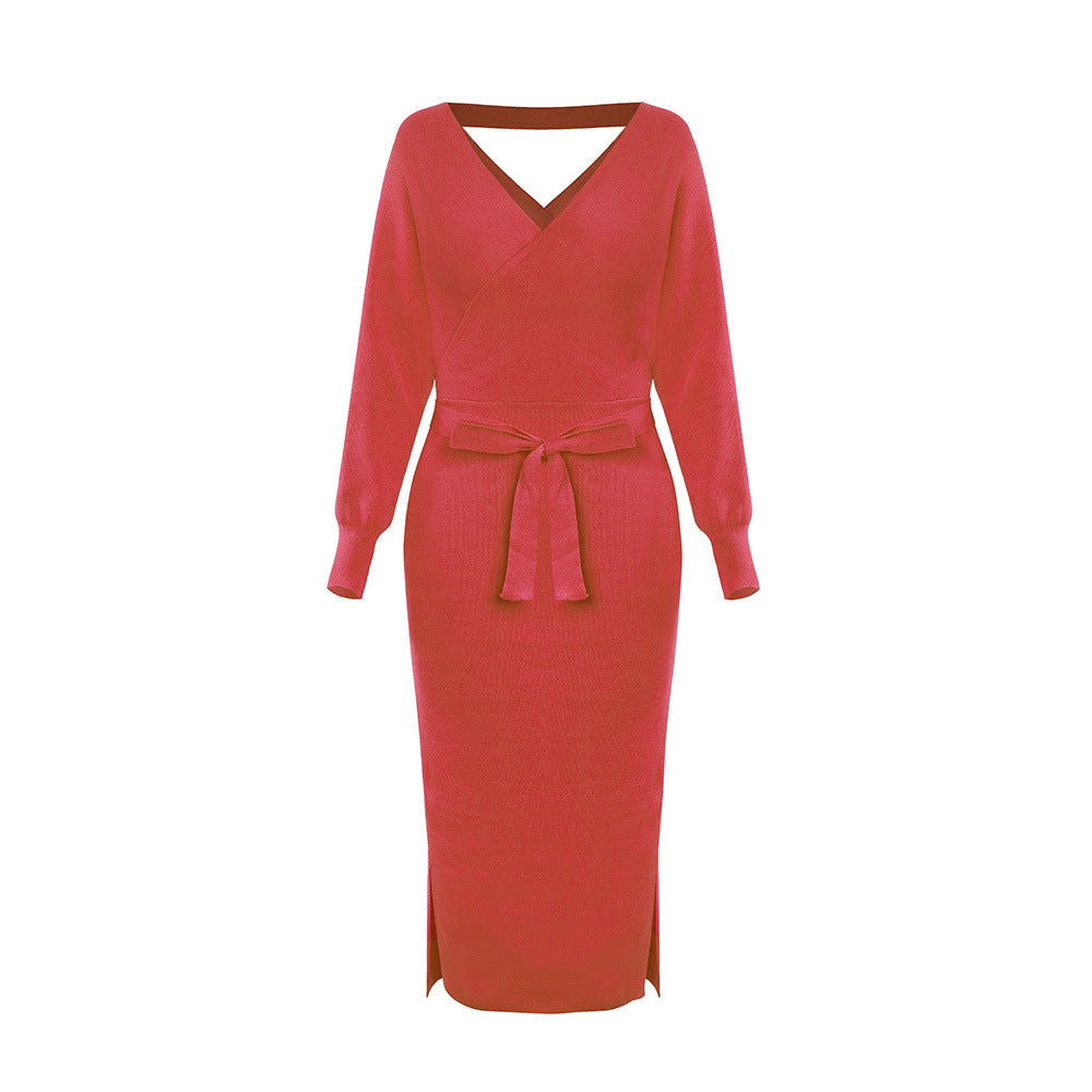 Knitted Dress Slim Double V neck Sweater Dress