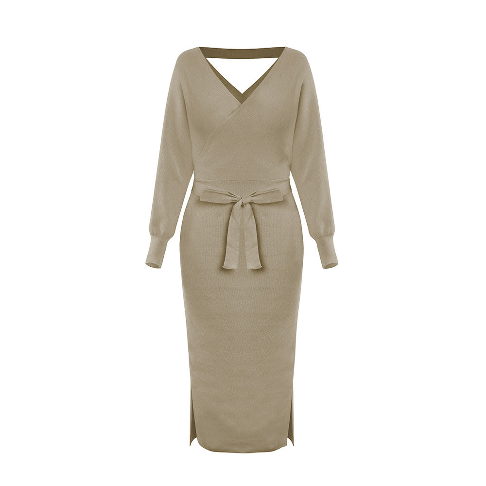 Knitted Dress Slim Double V neck Sweater Dress