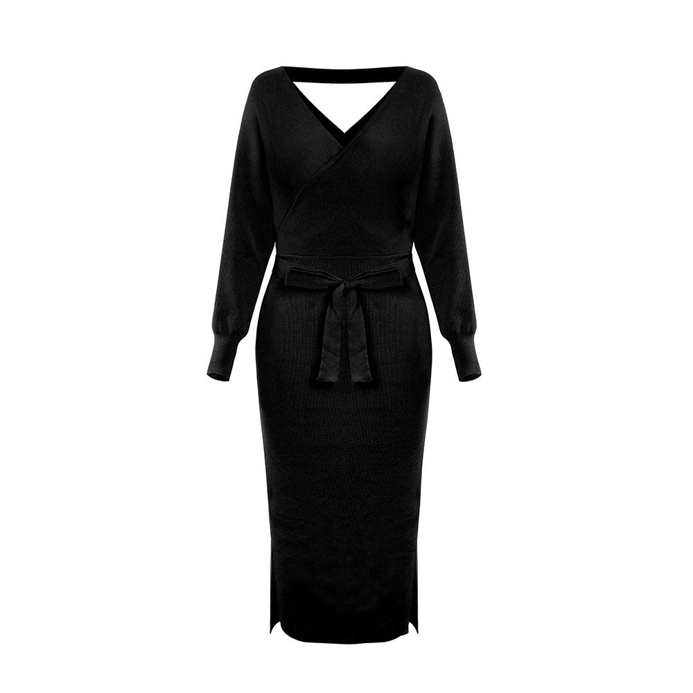 Knitted Dress Slim Double V neck Sweater Dress