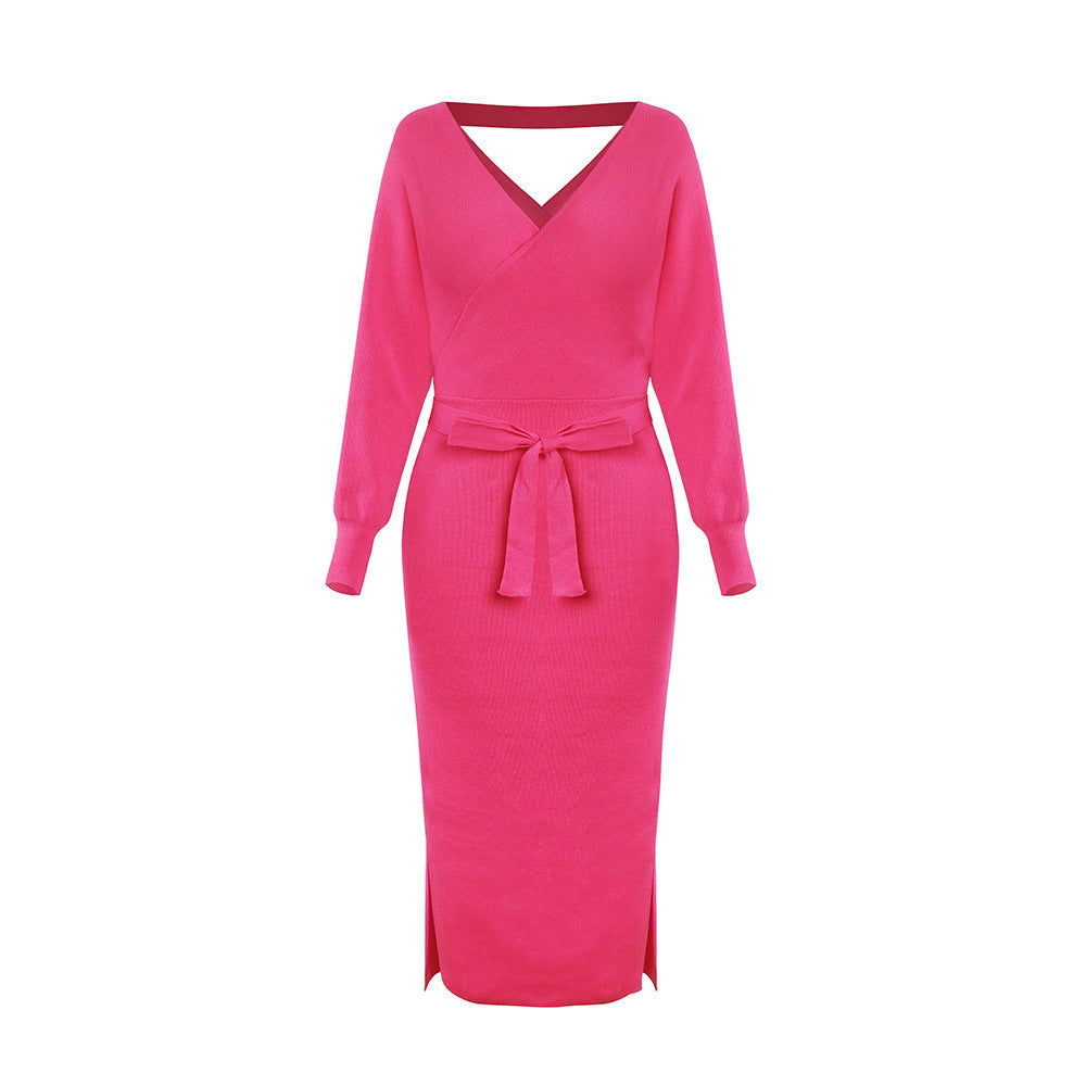 Knitted Dress Slim Double V neck Sweater Dress