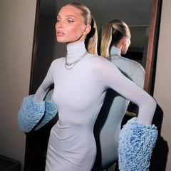 Ladies Dress High Collar Long Sleeve Slim Fit Slimming Sheath Dress