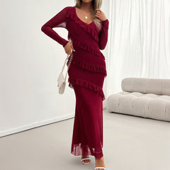 Long-Sleeved Elegant Slim Fit Mesh V neck Dress