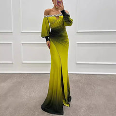 Long Sleeve Off Shoulder Printing Dress Casual Party Dress