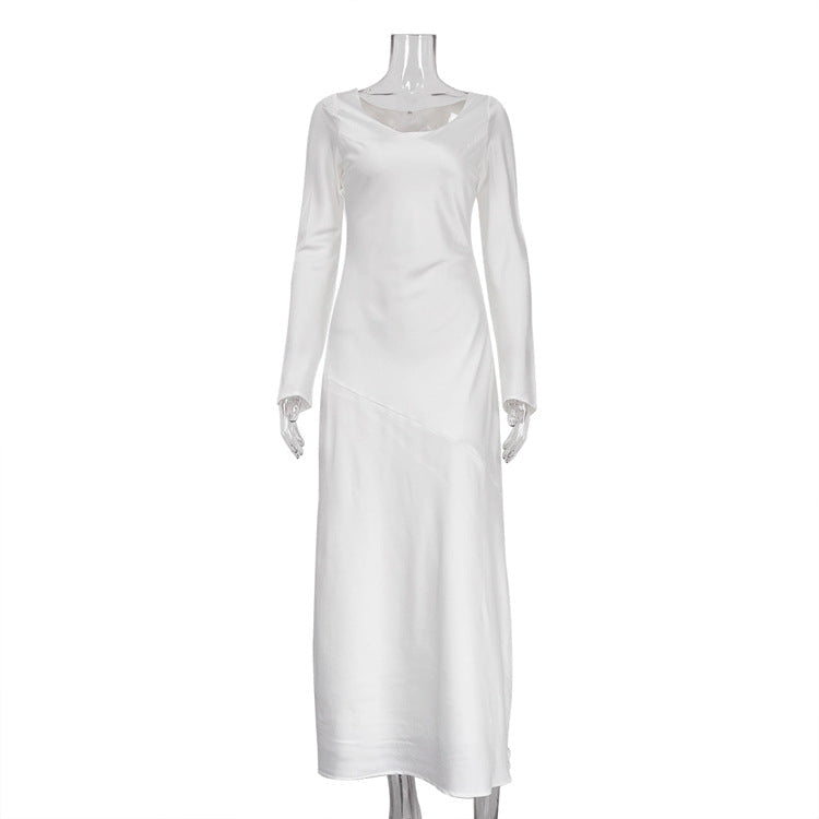 Maxi Solid Color Satin Round Neck Long Sleeve Loose Casual Dress