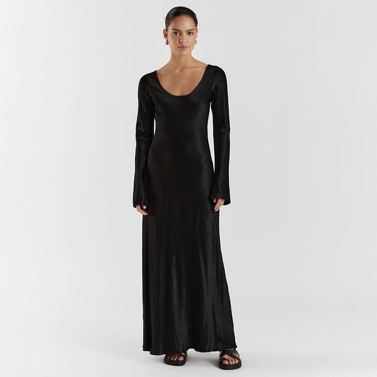 Maxi Solid Color Satin Round Neck Long Sleeve Loose Casual Dress