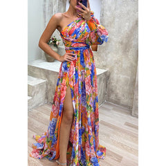Party Casual Split Dress Loose Multi Color Oblique Shoulder Dress