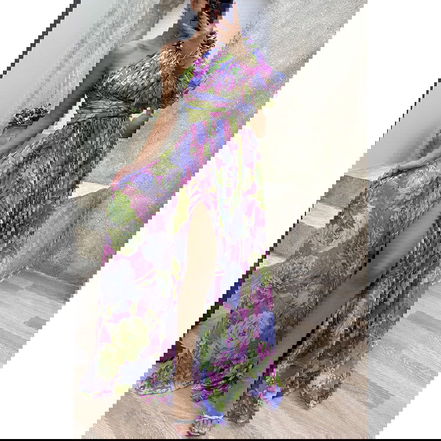 Party Casual Split Dress Loose Multi Color Oblique Shoulder Dress