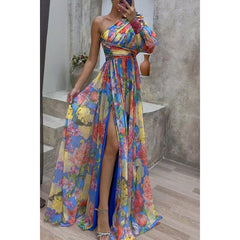 Party Casual Split Dress Loose Multi Color Oblique Shoulder Dress