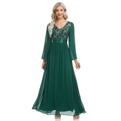 Quality Chiffon Stitching Sequined Maxi Dress V neck Long Sleeve a Swing Elastic Waist Evening Dress for
