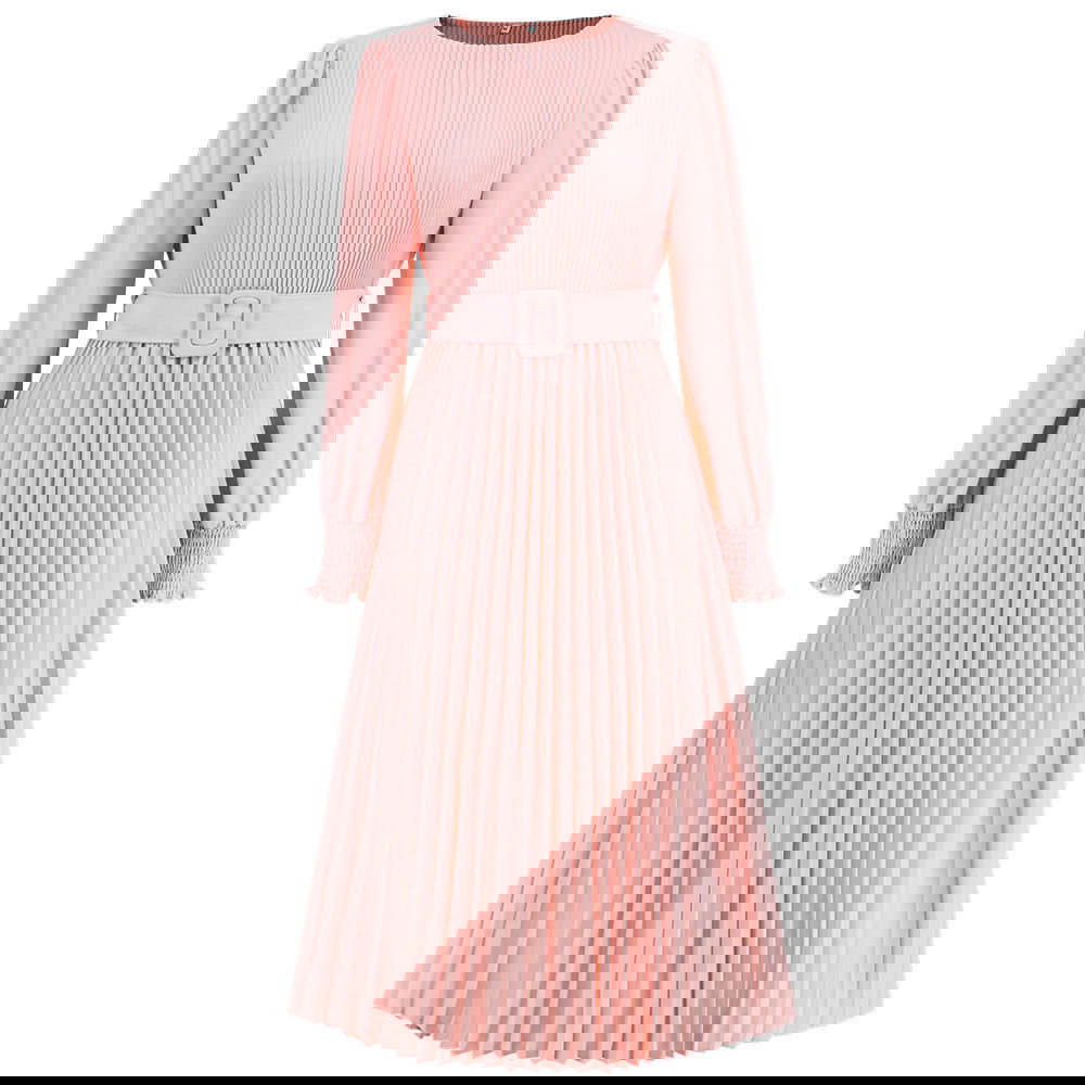 Vestido ajustado de corte A, plisado, de manga larga y cuello redondo con burbujas y largo medio