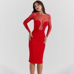 Vestido ajustado de manga larga y cuello redondo para discoteca, cintura alta y midi