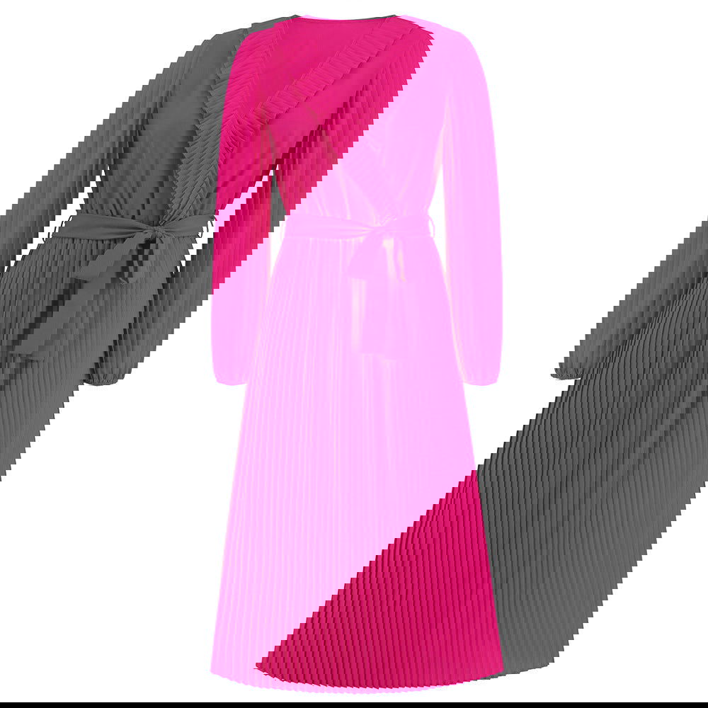 Vestido plisado de manga larga con cuello en V y volantes, corte entallado y elegante