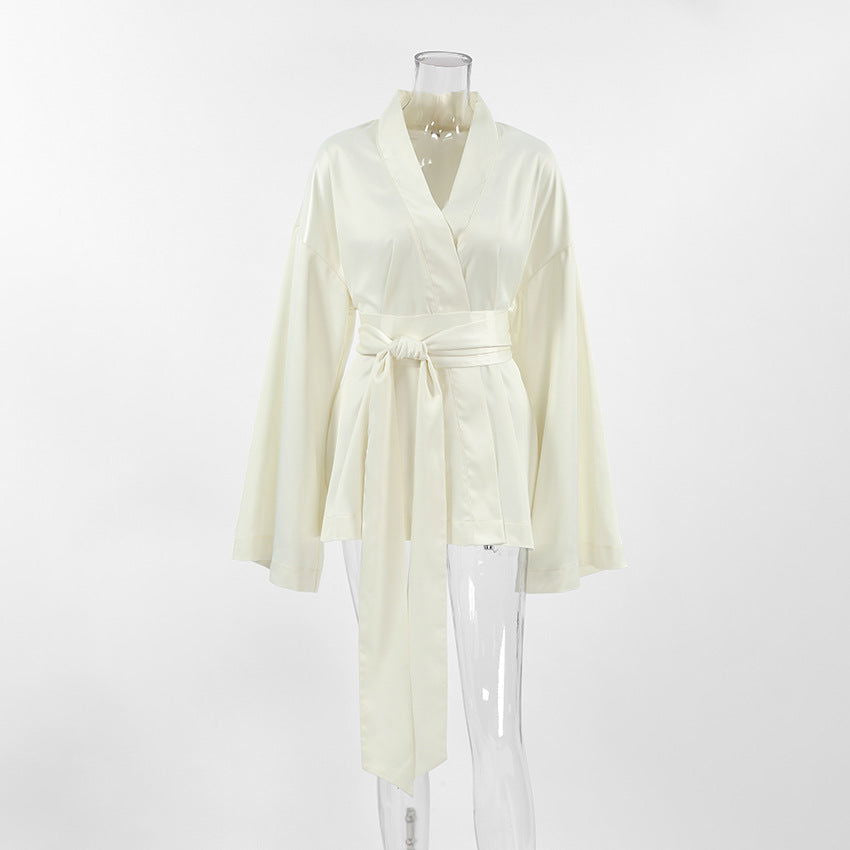 Pijama de satén de alta calidad, manga larga, suelto, atado, camisón, cuello en V, corto, ropa de casa para mujer