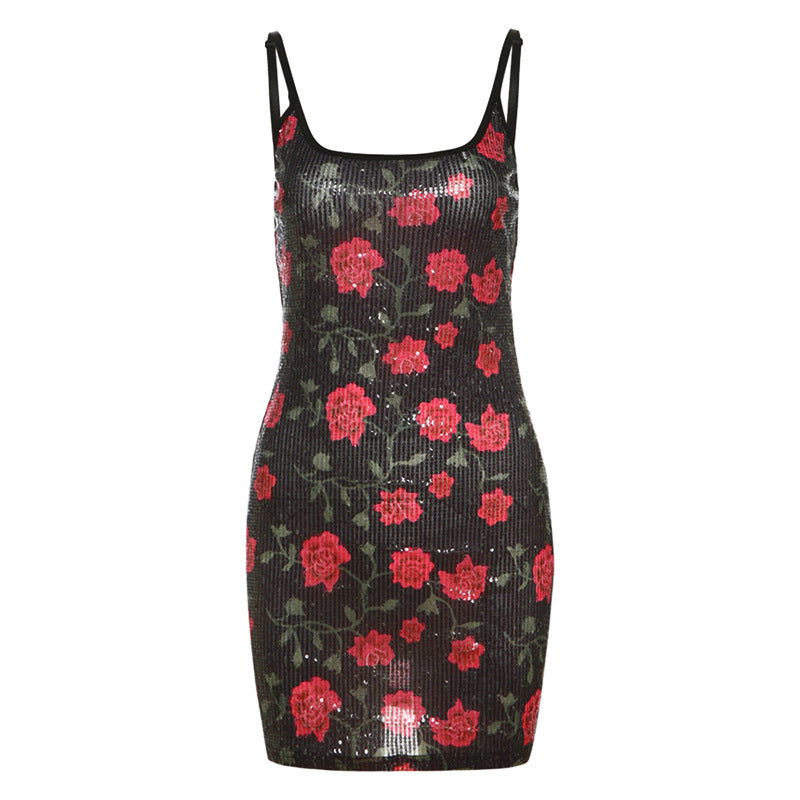 Vestido lencero ajustado con lentejuelas y estampado de espalda descubierta