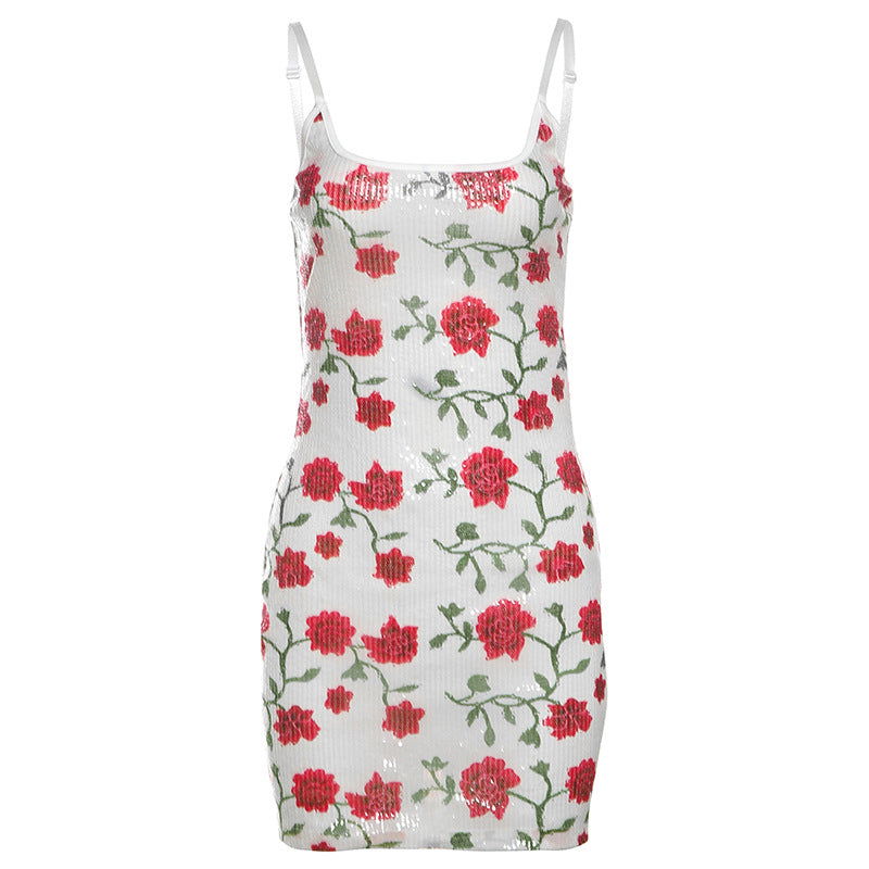 Vestido lencero ajustado con lentejuelas y estampado de espalda descubierta