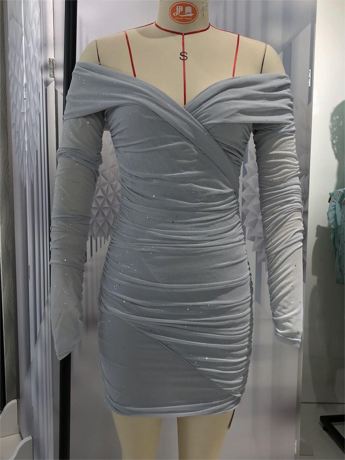 Deep V Plunge Evening Dress Dusting Powder off Shoulder Sheath Long Sleeve Dress