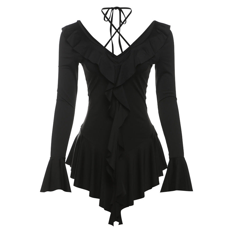Deep V Plunge Tied Slim Fit Short Solid Color Stringy Selvedge Long Sleeve Dress