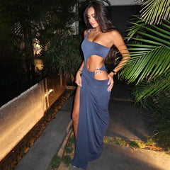Hollow Out Cutout Slim Fit Maxi Dress Solid Color Split Tube Top Package Hip Dress