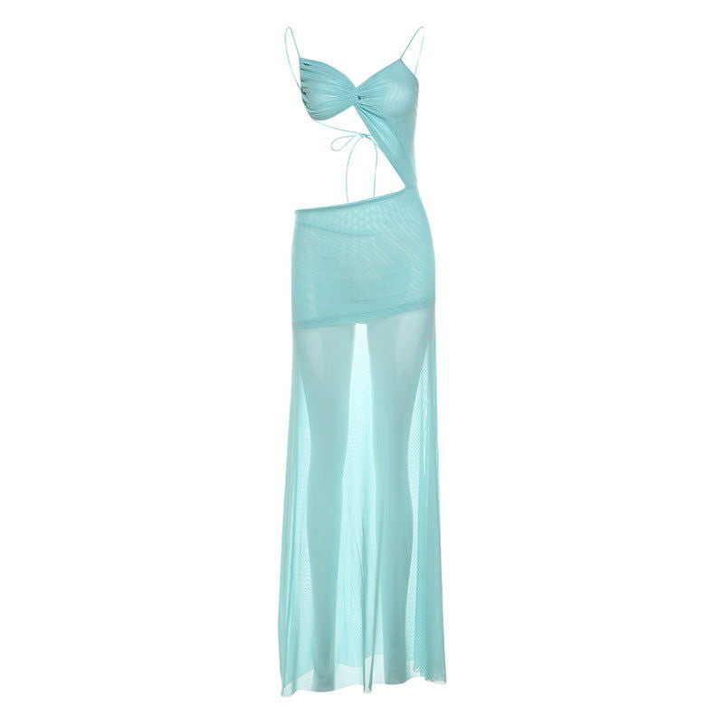 Vestido de malla con abertura en color liso, transparente, con parte superior de tubo, espalda descubierta y cordones